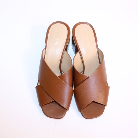 Michael Kors Abbott Tan Leather Cognac Criss Cross Slide Mule Sandal Heel Sz 6 - Picture 4 of 14